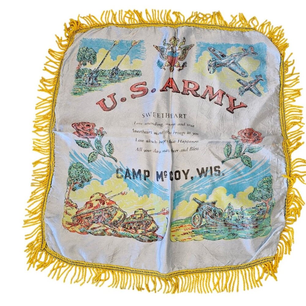 Vintage U.S. Army Camp McCoy WI Silk Satin Sweetheart Pillow Cover Fringe